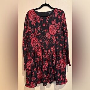 Elegant Black Long Sleeve Midi Dress with Bright Red Floral Lace Design, 20W